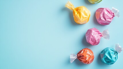 Colorful candies in cellophane wrappers on a blue background.