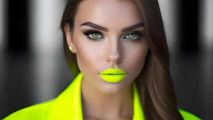 Portrait of a woman in a neon-yellow hooded jacket, matching yellow lips, and green eyes. Blurred background. Concept of modern fashion