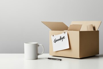 A cardboard box with a "Goodbye" note, a coffee mug, and a pen, symbolizing departure or transition.