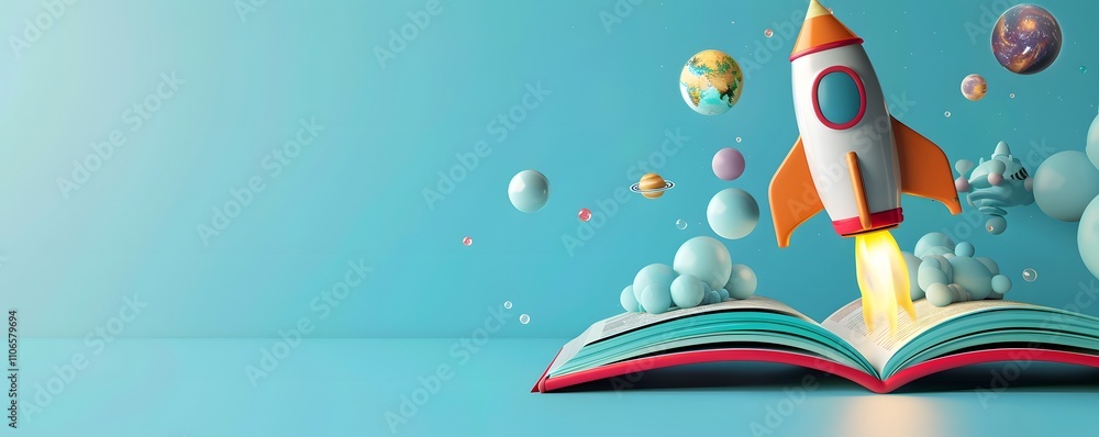 Poster rocket launching from an open book of knowledge