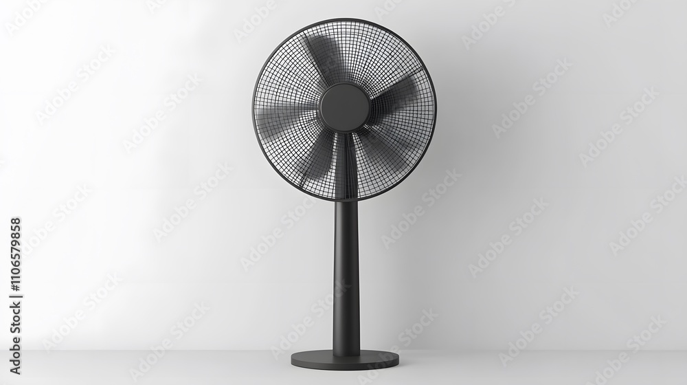 Poster a high-resolution image of an electric fan with a sleek, minimalist design, displayed on a plain neu