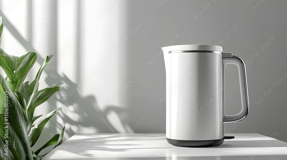 Poster a portable electric kettle with a compact design, displayed against a clean studio backdrop.