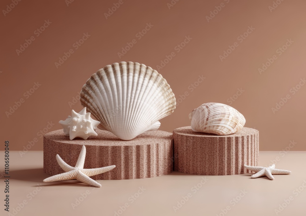 Poster seashells and starfish on beige podium minimalist display nature background
