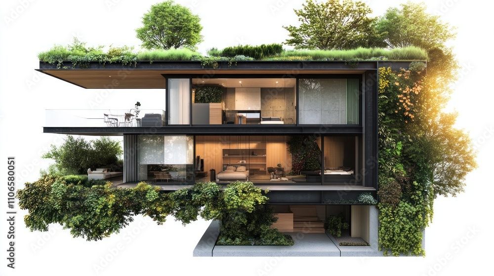 Poster modern eco-friendly house with greenery and open spaces.