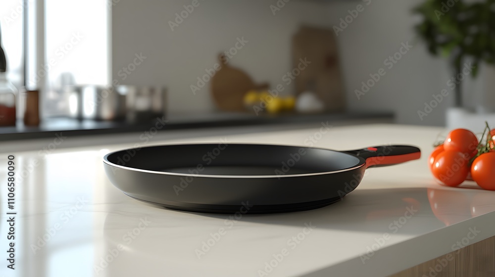 Poster a smart electric frying pan with a non-stick surface, displayed on a clean white countertop.