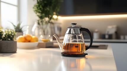 A compact electric tea maker with a glass kettle, placed on a plain countertop for a sharp presentation.