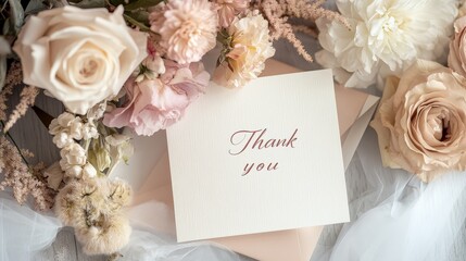 Elegant Wedding Invitation Flat Lay with Floral Accents and Thank You Messages in Soft Pastel Tones