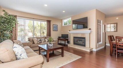 A spacious living room with a central coffee table, a sectional sofa, and a wall-mounted TV as the focal point.