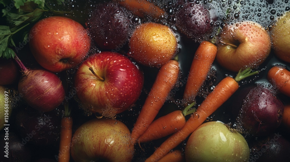 Poster juicy red and green apples along with orange carrots are soaking in water, creating a refreshing set