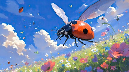 Ladybug Soaring Over A Vibrant Flower Field