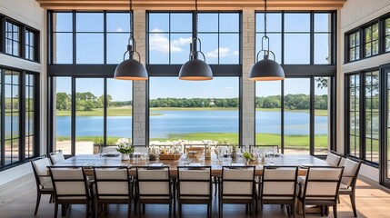 A spacious dining area with a rectangular table, upholstered chairs, and pendant lights creating symmetry.