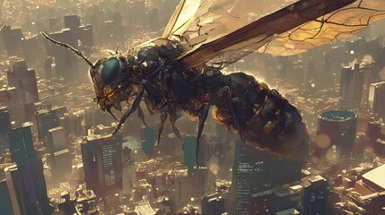 Giant Metallic Wasp Soaring Over Futuristic Cityscape