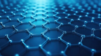 Obraz premium A close-up view of a hexagonal graphene structure in a blue-toned digital environment.