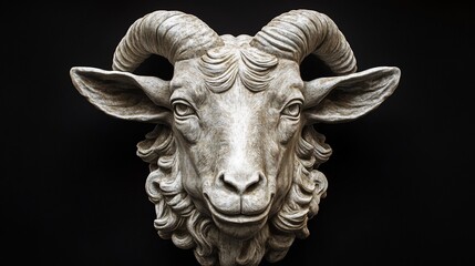 Intricate ram head sculpture, off-white, against black background.