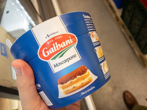 BELGRADE, SERBIA - OCTOBER 12, 2024: Galbani logo on a mascarpone cheese container for sale in Belgrade. part of lactalis, Galbani is a italian dairy products manufacturer, mainly cheese.
