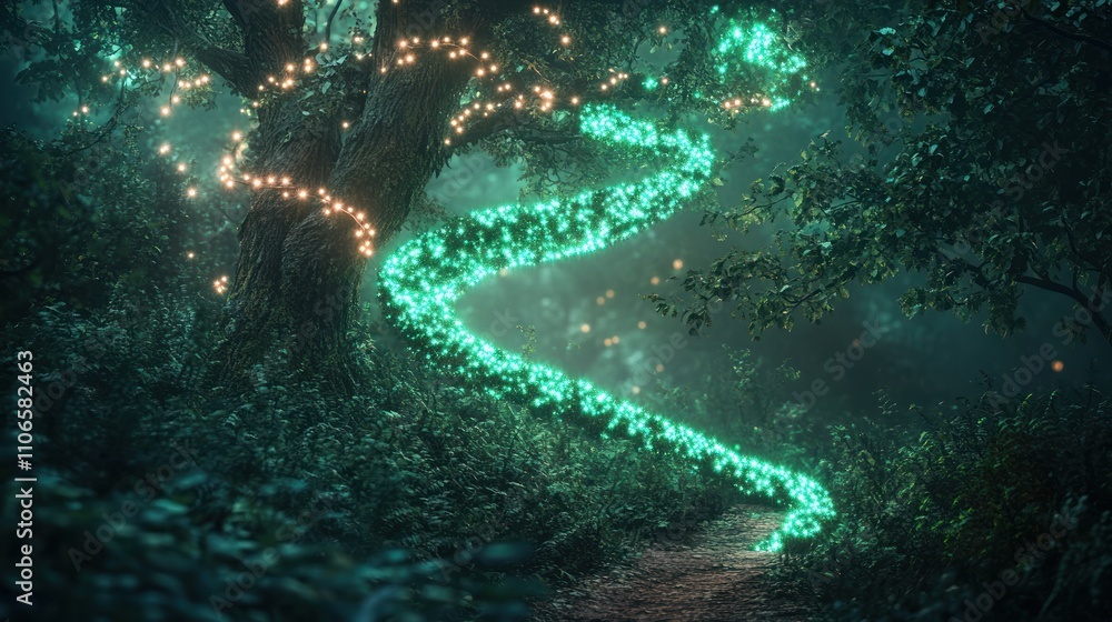Poster a mystical tree illuminated by glowing vines in a serene forest setting.