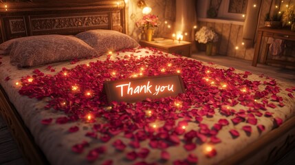 Sweet Romance: Thank You Messages on Bed of Rose Petals in Cozy Lighting