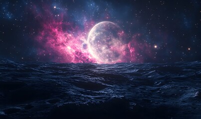 Fototapeta premium A panoramic view of the moon’s surface with reflections of distant stars