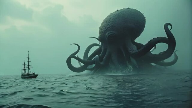 A giant kraken rising from the depths of the ocean, its tentacles curling towards the ship on the horizon. 