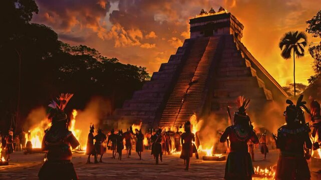 A Mayan ceremonial plaza at twilight. A towering pyramid rises above the dense jungle