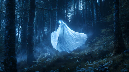 A ghostly figure floating through a dark forest with glowing eyes and a flowing white gown, high-resolution photo, realistic photo. Mythic. Illustration