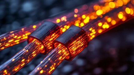 Fiber optic cables illuminated closeup photography technology lab high detail dark background artistic concept