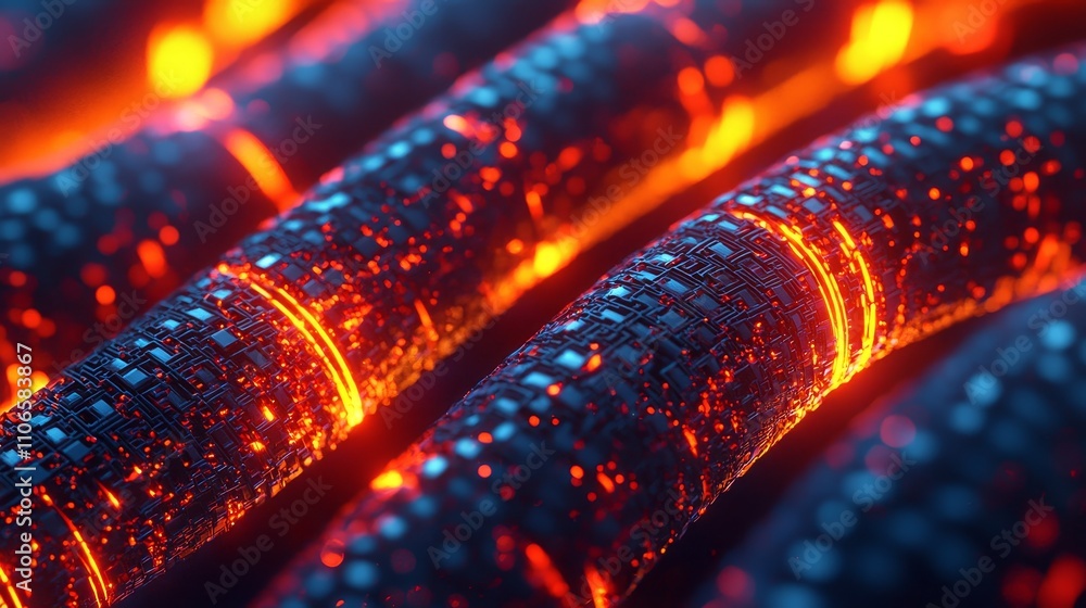 Poster dynamic fiber optic cables glowing with intense vibes technology showcase industrial setting close-u