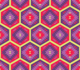 Pattern of colorful figures on pink and purple tones on a yellow background