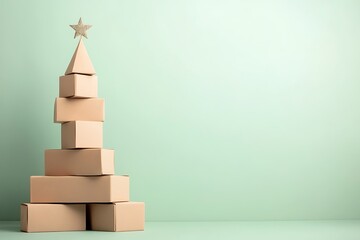 Minimal christmas tree made of stacked craft boxes with glitter star against pastel green background