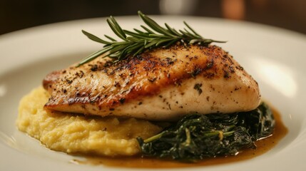 A beautifully plated dish features a perfectly cooked fish fillet resting on a bed of creamy polenta and saut&eacute;ed greens, garnished with fresh herbs.