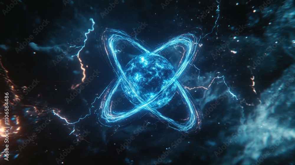Aufkleber a glowing atomic structure surrounded by dynamic energy and light effects.