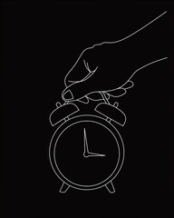 Hand holding clock alarm time vector on black background,hand holding vintage clock white line illustration 