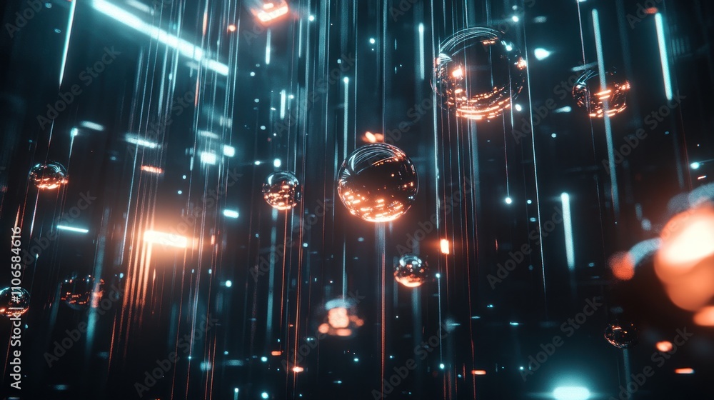 Poster a digital visualization of floating spheres amidst glowing lines, creating a futuristic ambiance.