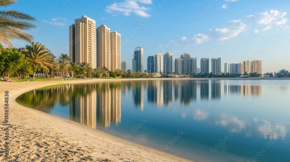 Aufkleber scenic view of a calm lake with modern buildings and palm trees reflected in the water.