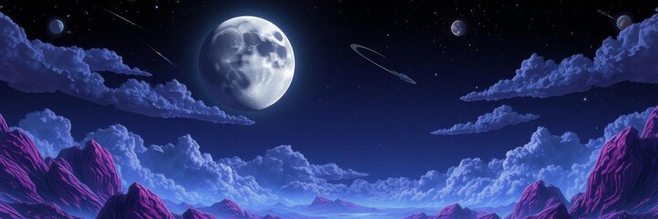 Alien space planet landscape with purple rocks, fantasy cosmos land surface, neon color moon, stars, clouds glowing in night sky game interface background, moon, fantasy, clouds