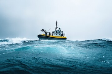 Naklejka premium Small fishing boat bravely sails through rough seas with big waves during a storm, facing the power of nature in a daring adventure