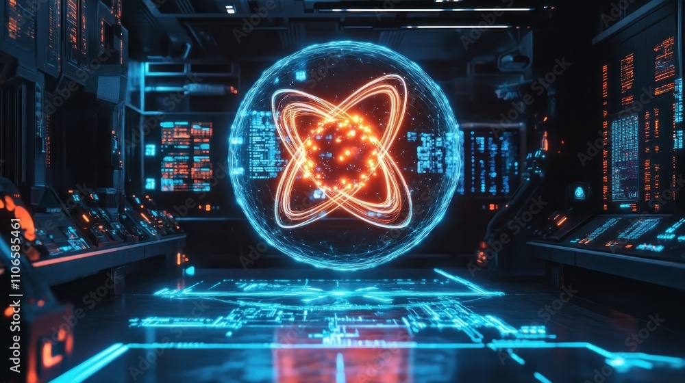 Aufkleber a futuristic digital representation of an atom in a high-tech environment.
