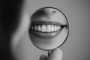Dentist uses magnifying glass to examine smile, promoting oral health and dental care. Image emphasizes the benefits of regular checkups and teeth whitening for a healthy smile