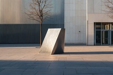 Sculpture illuminated by sunlight in front of a modern building with glass facade and metal cladding