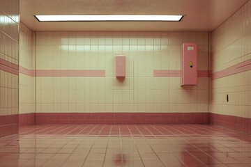 Vintage aesthetic: pink fixtures and tiles in an empty public restroom, illuminated by bright fluorescent light