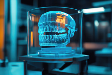 Revolutionary technology for dental health: a rotating blue hologram of a human jaw in a glass cylinder in a modern laboratory