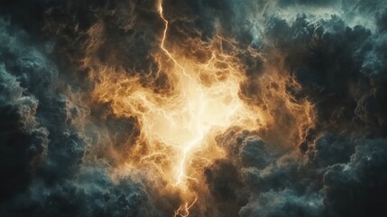 Lightning bolt cracking through a stormy sky, frozen in ultra slow motion, dramatic clouds 