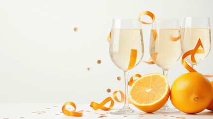 Three wine glasses with orange slices in them are on a table