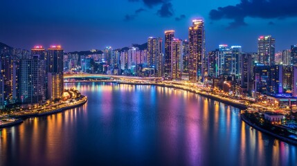 Naklejka premium Night cityscape with vibrant lights reflected in calm water.