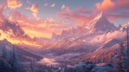 Obraz premium A breathtaking mountain landscape at sunset, showcasing vibrant colors and serene beauty.