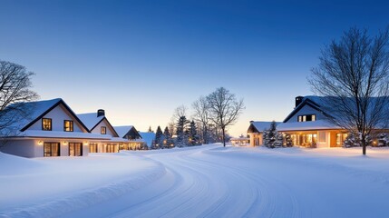 A snowy street with houses on either side
