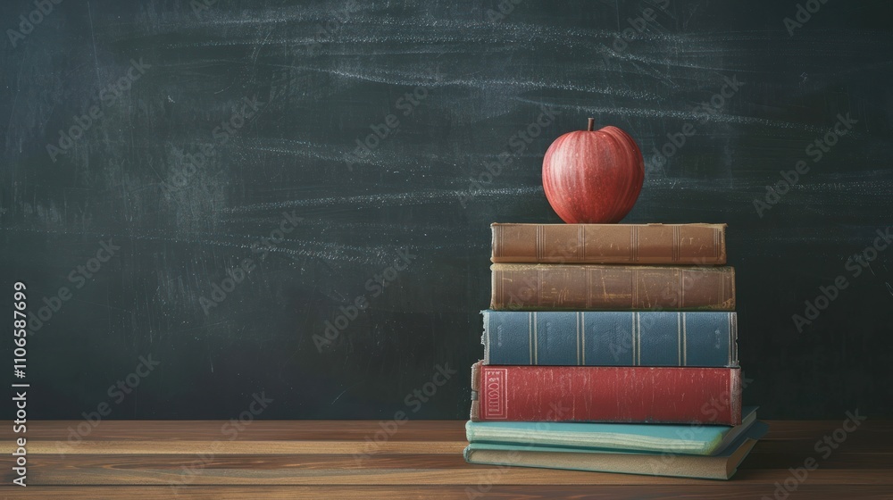 Poster a red apple on a stack of books in front of a chalkboard