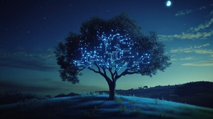 A glowing tree with circuit-like branches under a starry night sky.