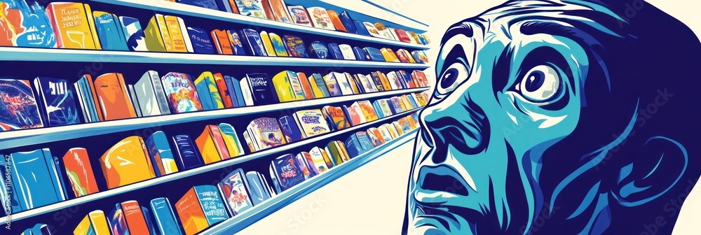 Poster a person gazes in awe at a colorful bookshelf filled with various books.