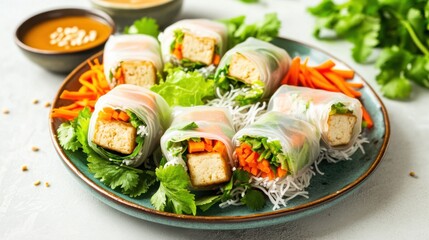 A colorful plate of vegetable spring rolls with crispy tofu, shredded carrots, lettuce